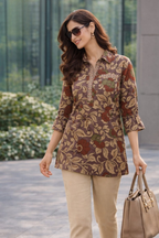 Olive Brown Floral Printed Cotton Kurti with Shirt Collar