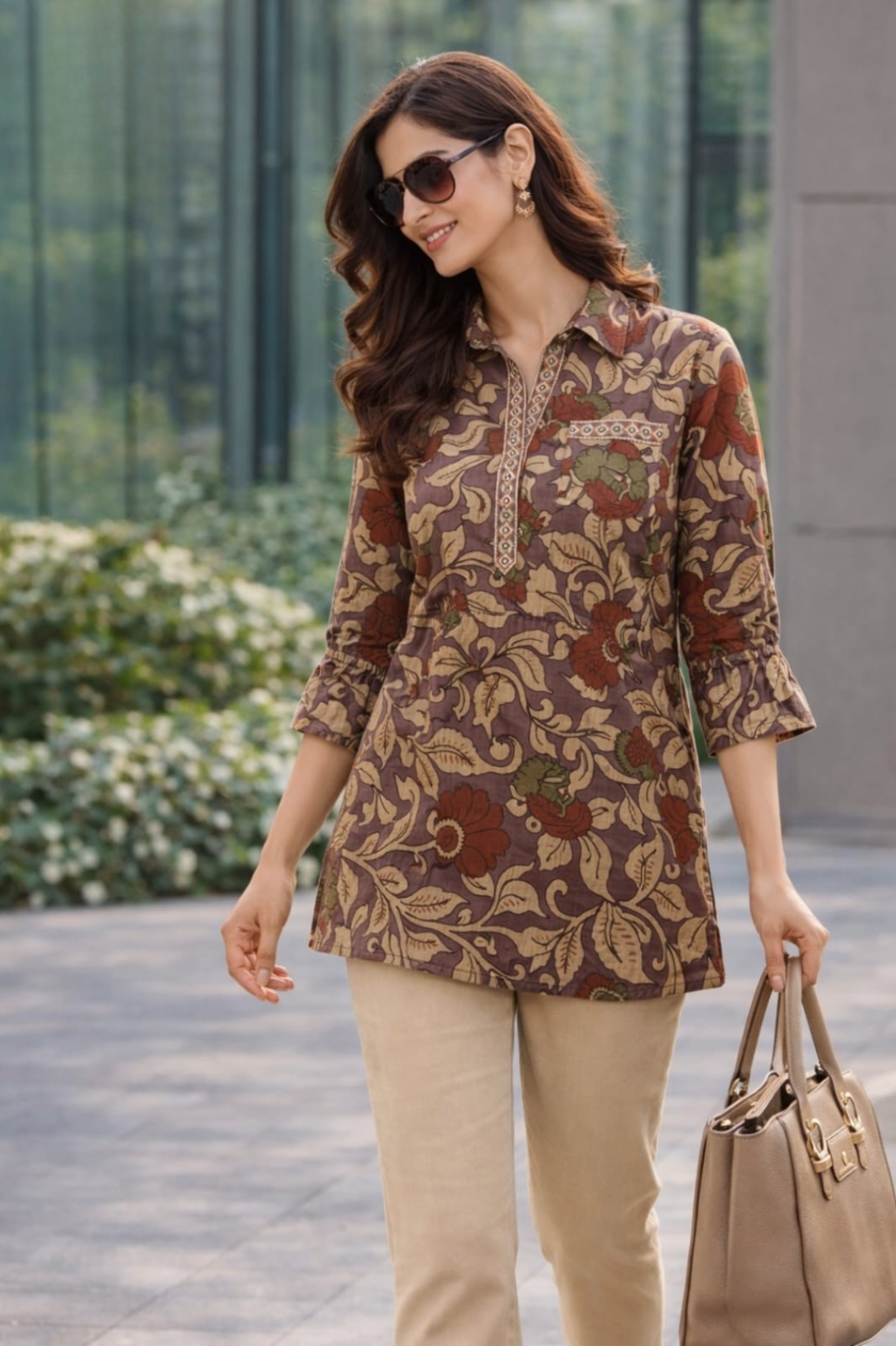 Olive Brown Floral Printed Cotton Kurti with Shirt Collar