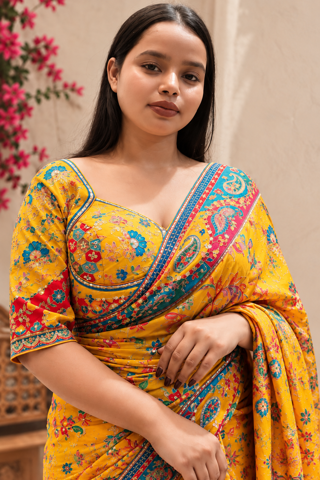 Yellow Heavy Printed Saree with Stitched Blouse