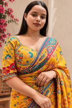 Yellow Heavy Printed Saree with Stitched Blouse