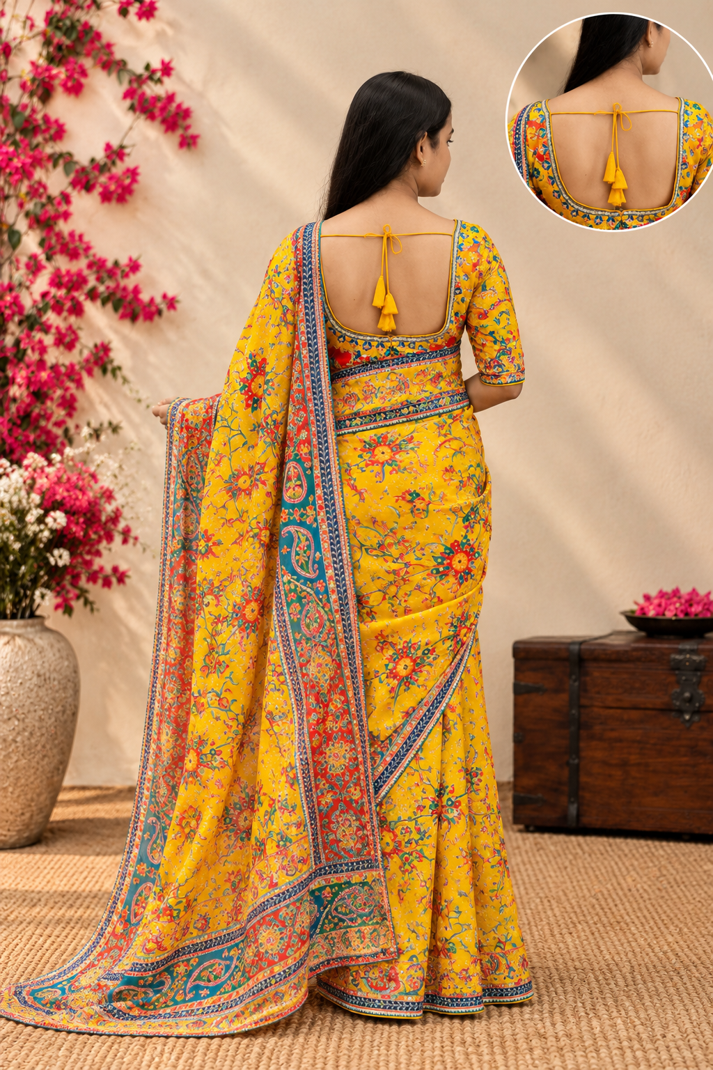 Yellow Heavy Printed Saree with Stitched Blouse