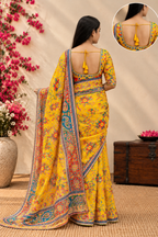 Yellow Heavy Printed Saree with Stitched Blouse