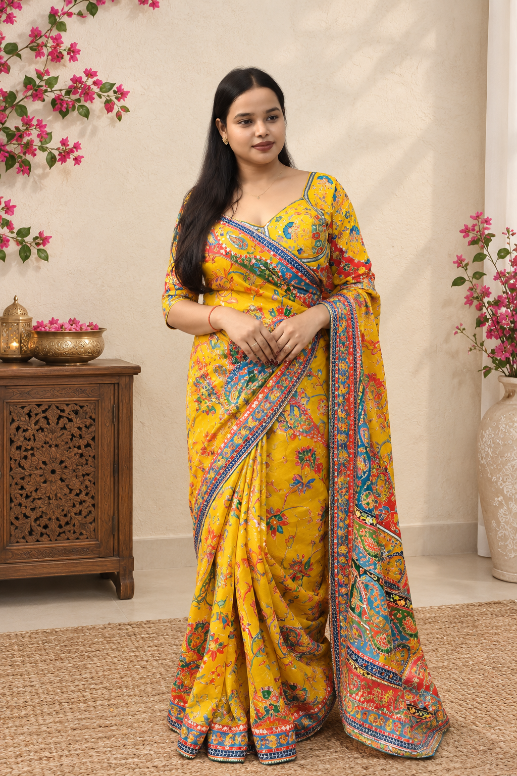 Yellow Heavy Printed Saree with Stitched Blouse