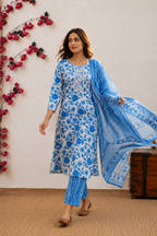 Indigo Blue Floral Cotton Kurta Set