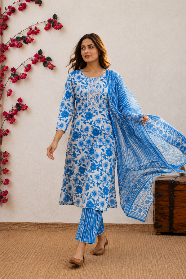 Indigo Blue Floral Cotton Kurta Set