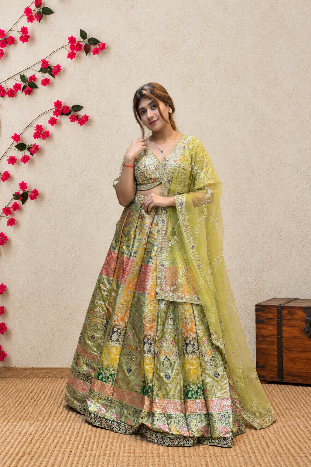 Pista Green Multicolor Banarasi Lehenga Choli with Embroidered Dupatta