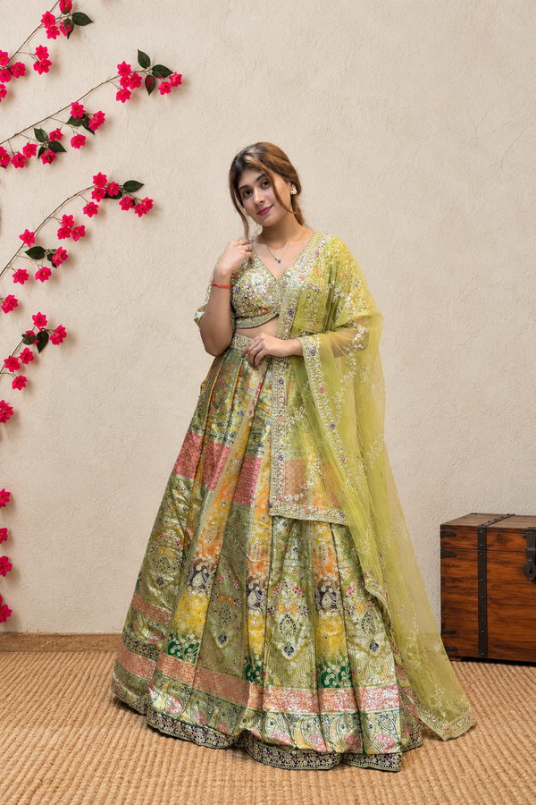 Pista Green Multicolor Banarasi Lehenga Choli with Embroidered Dupatta