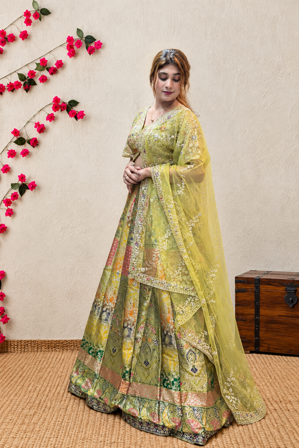 Pista Green Multicolor Banarasi Lehenga Choli with Embroidered Dupatta