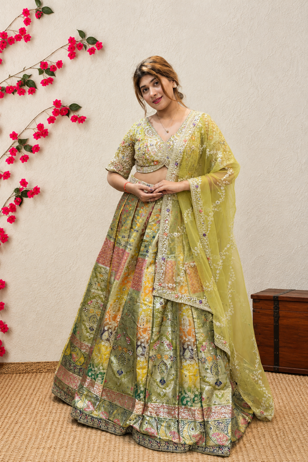 Pista Green Multicolor Banarasi Lehenga Choli with Embroidered Dupatta