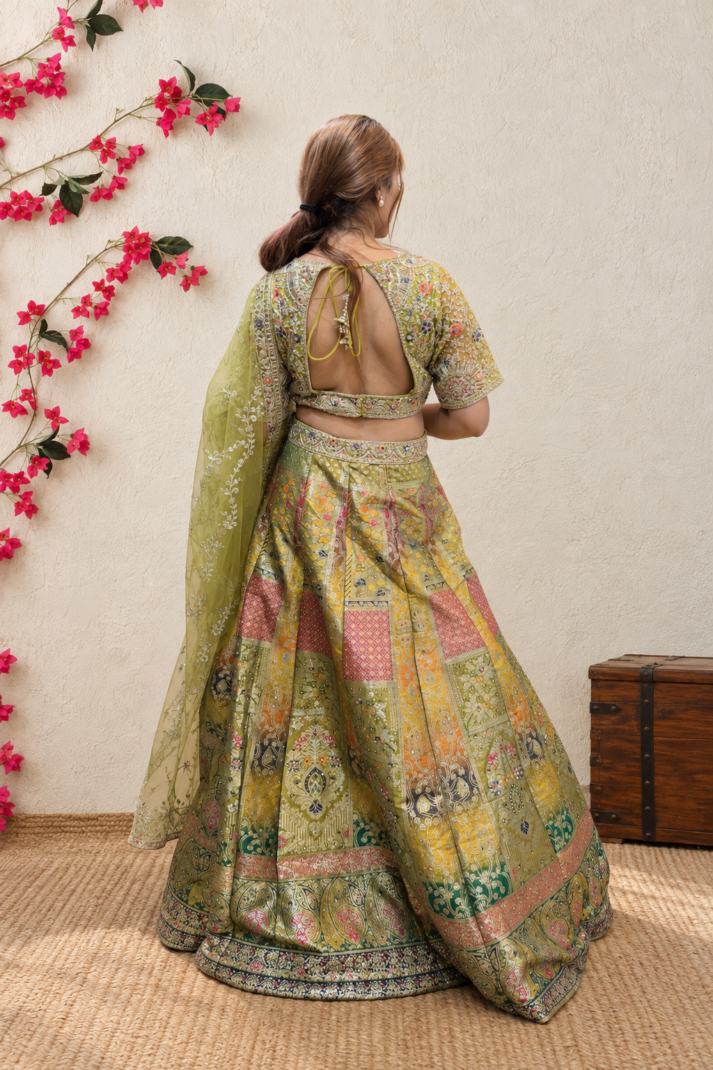 Pista Green Multicolor Banarasi Lehenga Choli with Embroidered Dupatta