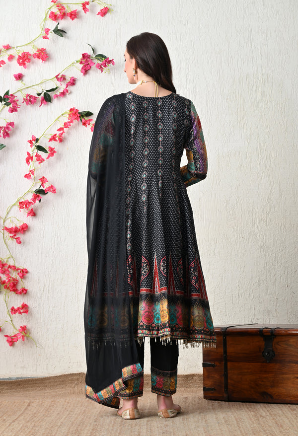 Midnight Black Boho-Fusion Anarkali Suit Set