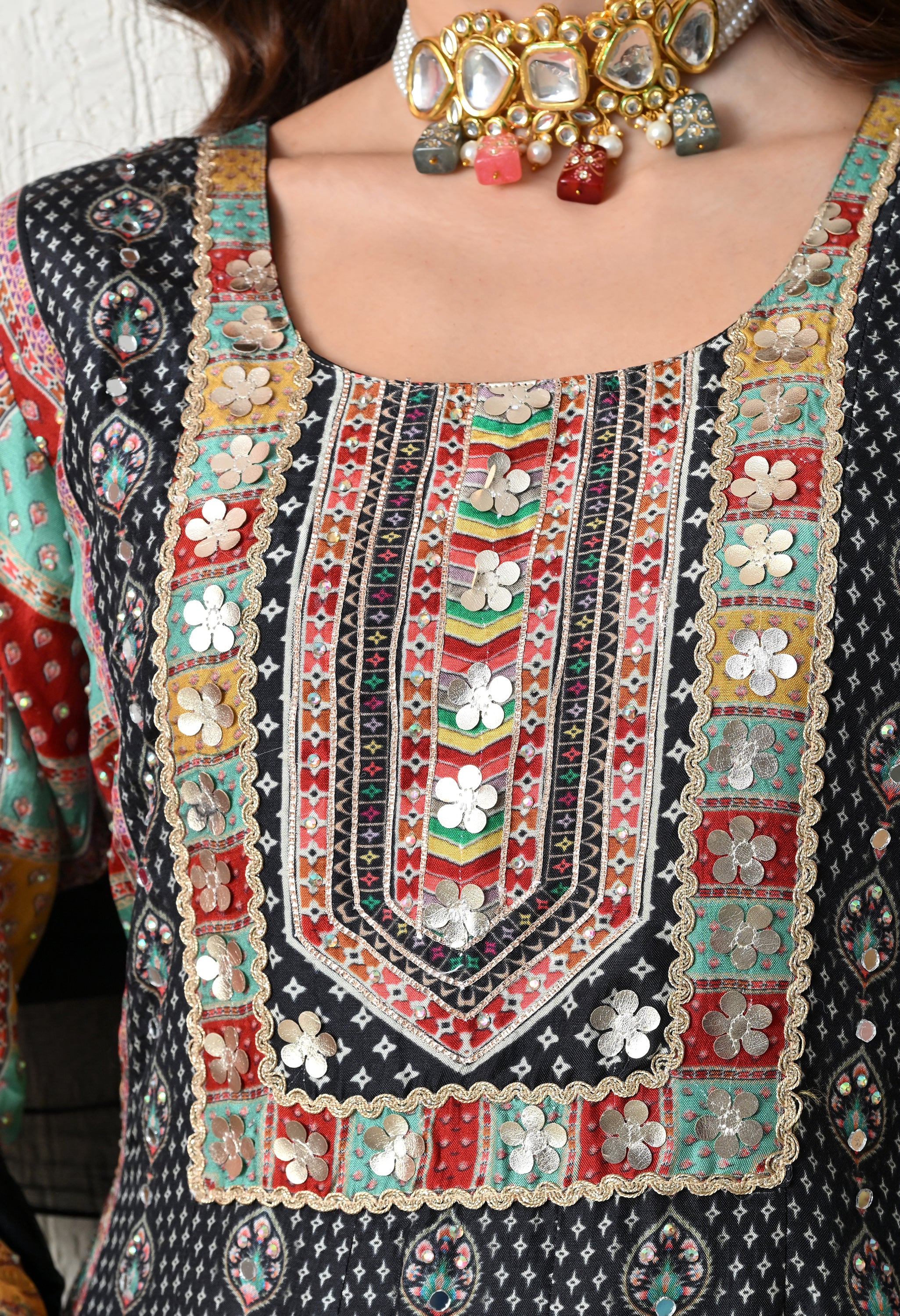 Midnight Black Boho-Fusion Anarkali Suit Set