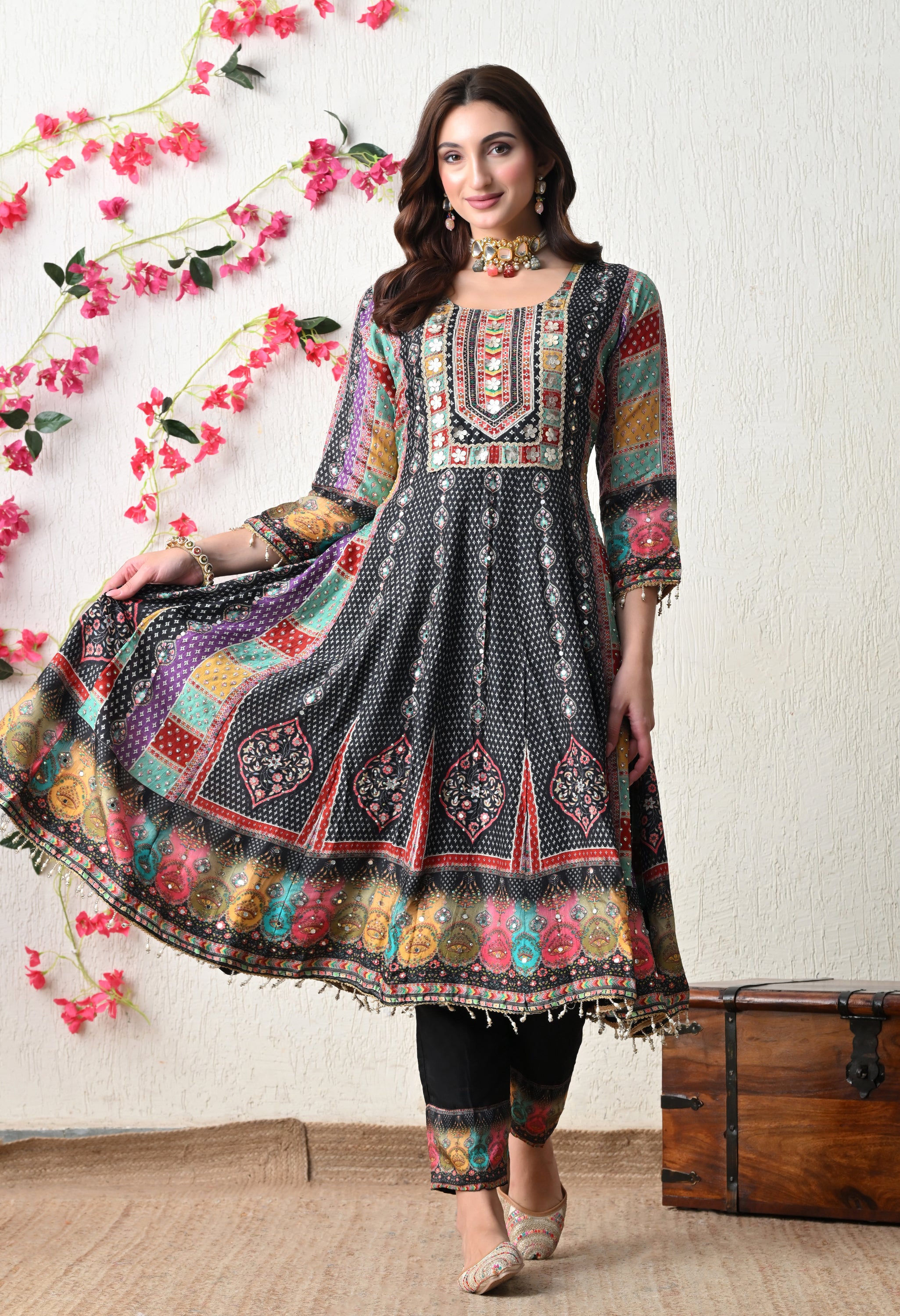 Midnight Black Boho-Fusion Anarkali Suit Set