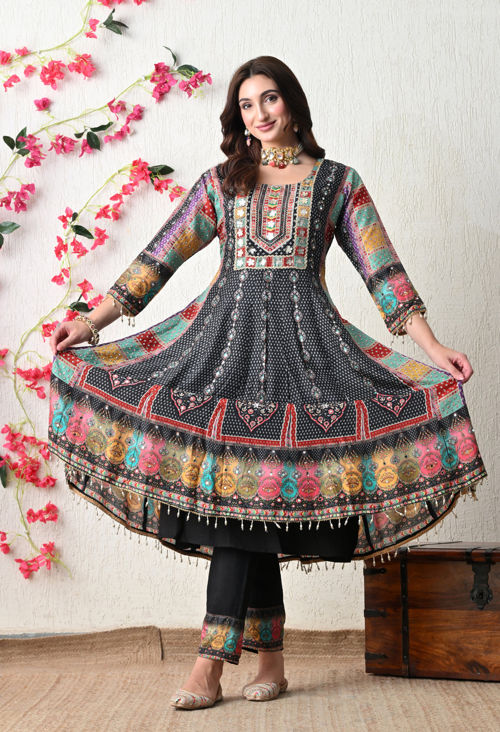 Midnight Black Boho-Fusion Anarkali Suit Set