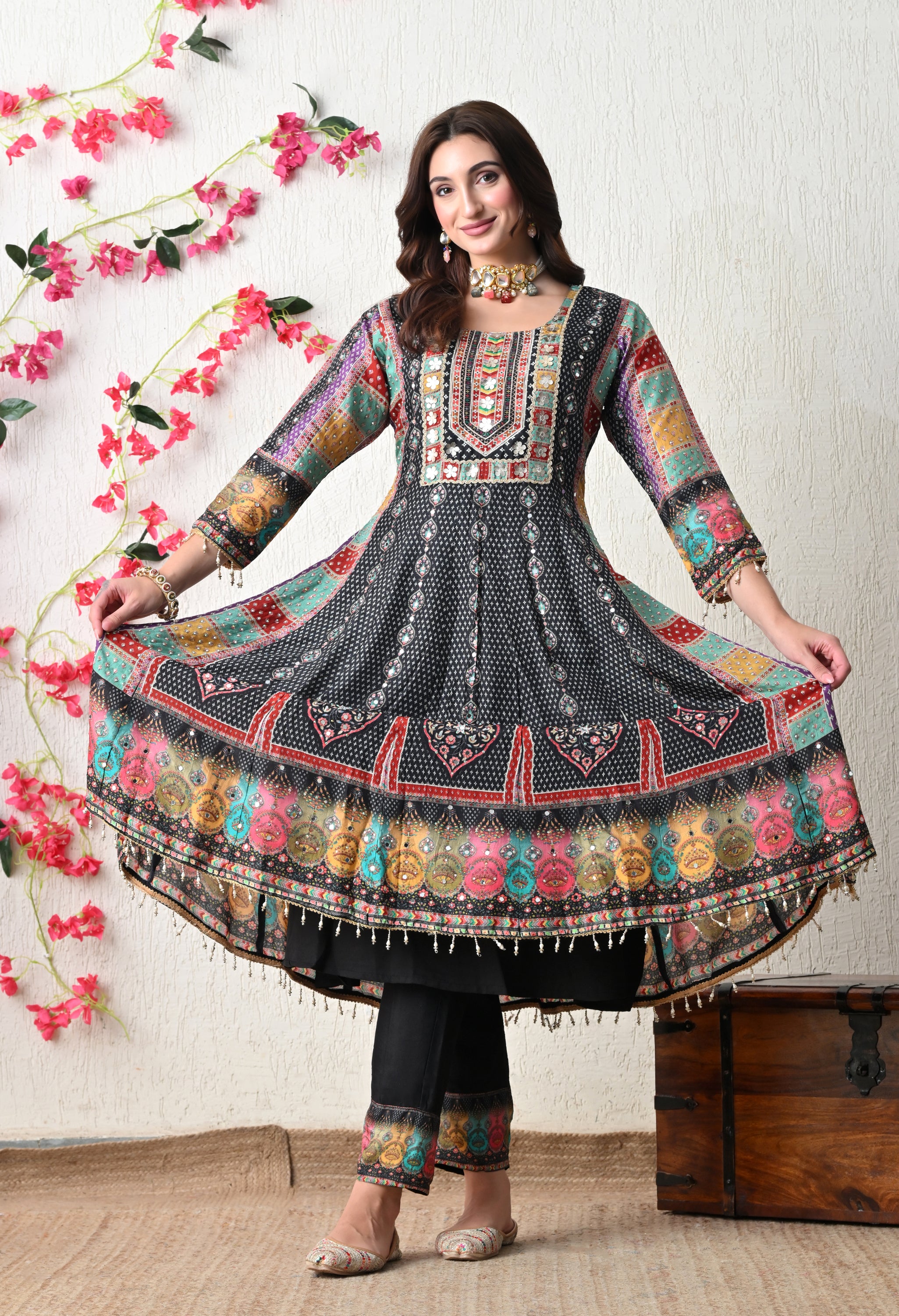 Midnight Black Boho-Fusion Anarkali Suit Set