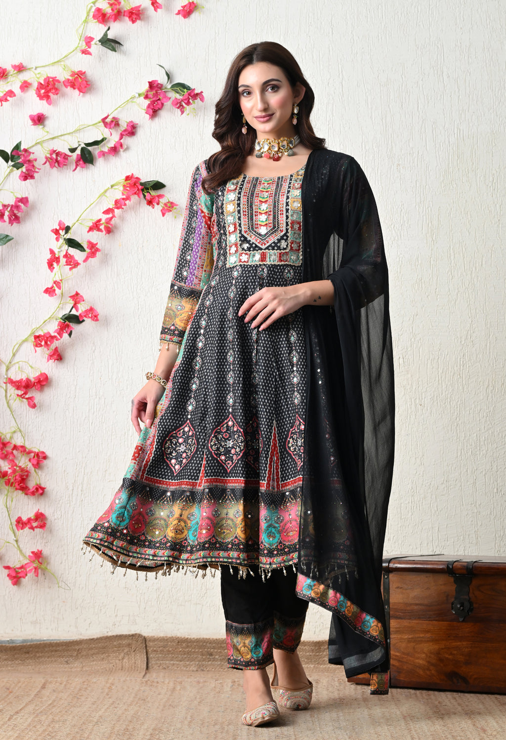 Midnight Black Boho-Fusion Anarkali Suit Set