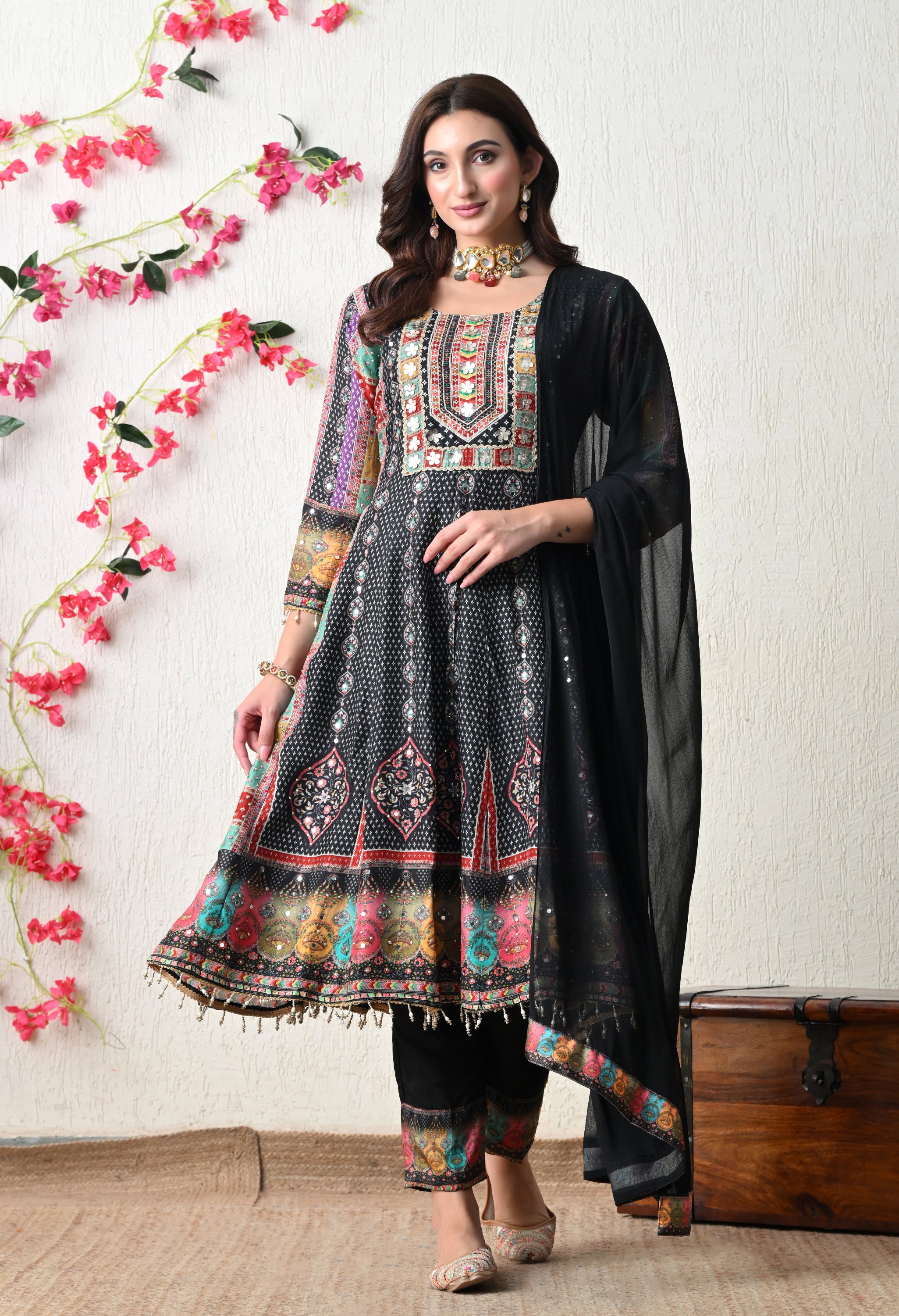 Midnight Black Boho-Fusion Anarkali Suit Set