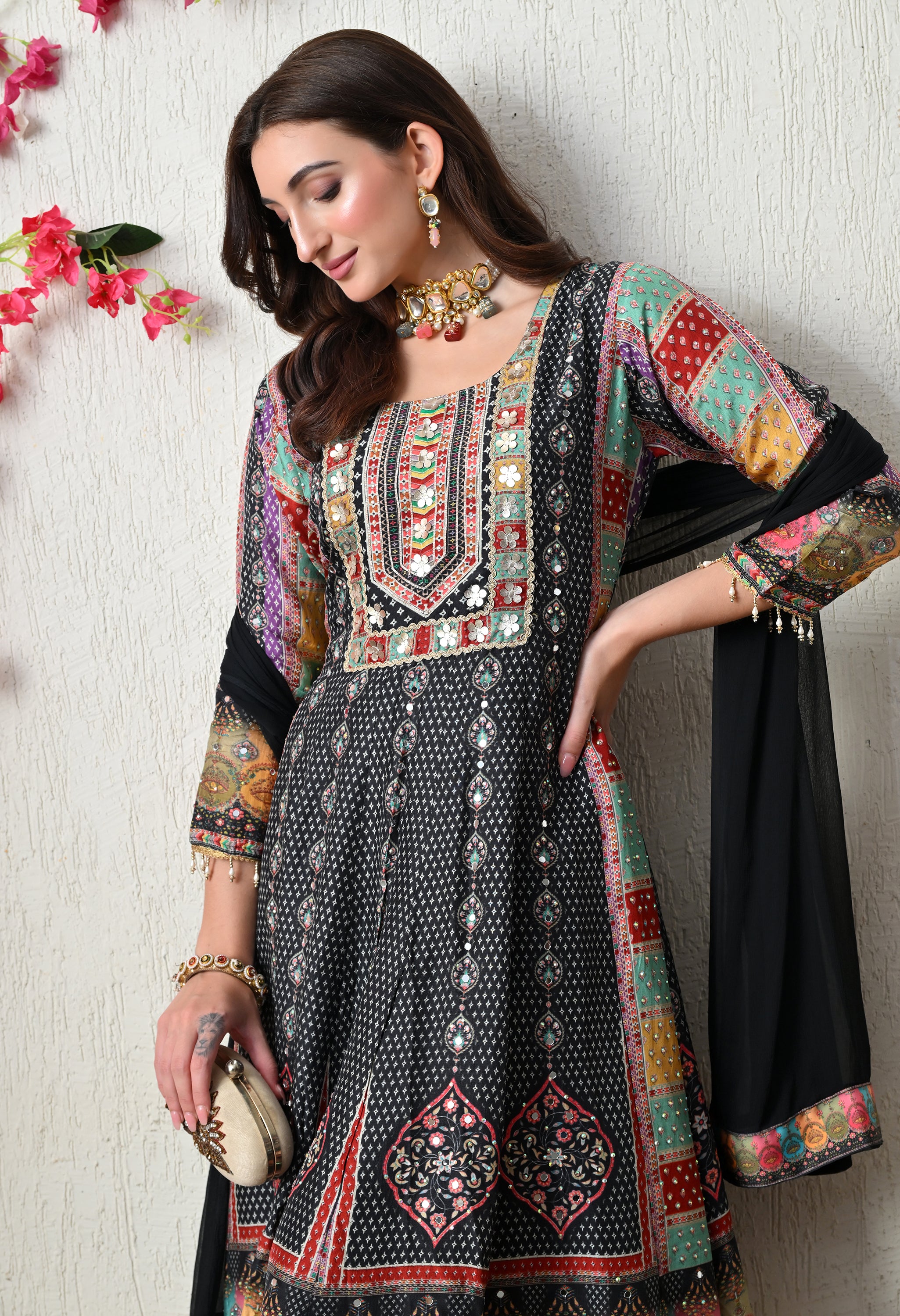 Midnight Black Boho-Fusion Anarkali Suit Set