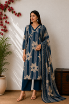 Elegant blue Floral & Striped Kurta Set