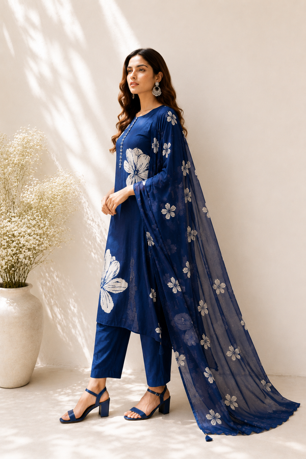 Azure Floral Straight Kurta Set with Dupatta
