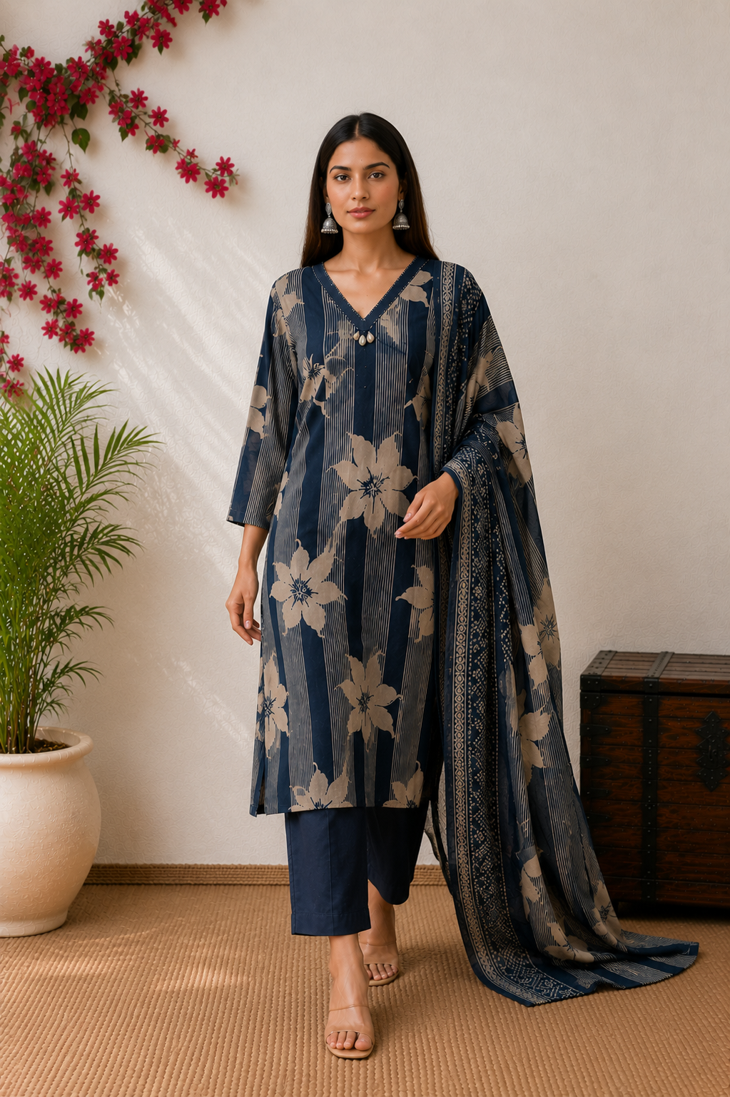 Elegant blue Floral & Striped Kurta Set
