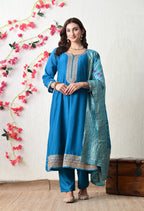 Royal Teal Embroidered Anarkali Suit Set