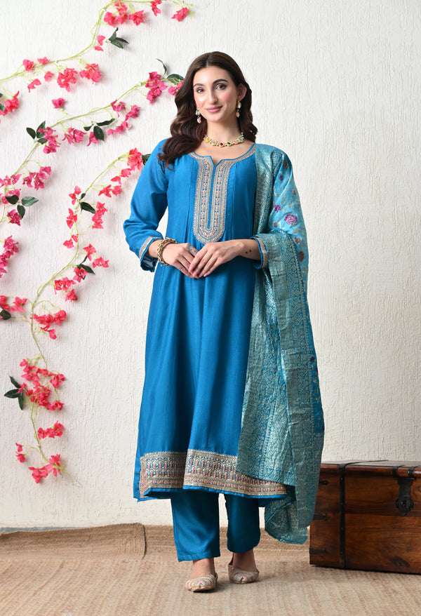 Royal Teal Embroidered Anarkali Suit Set