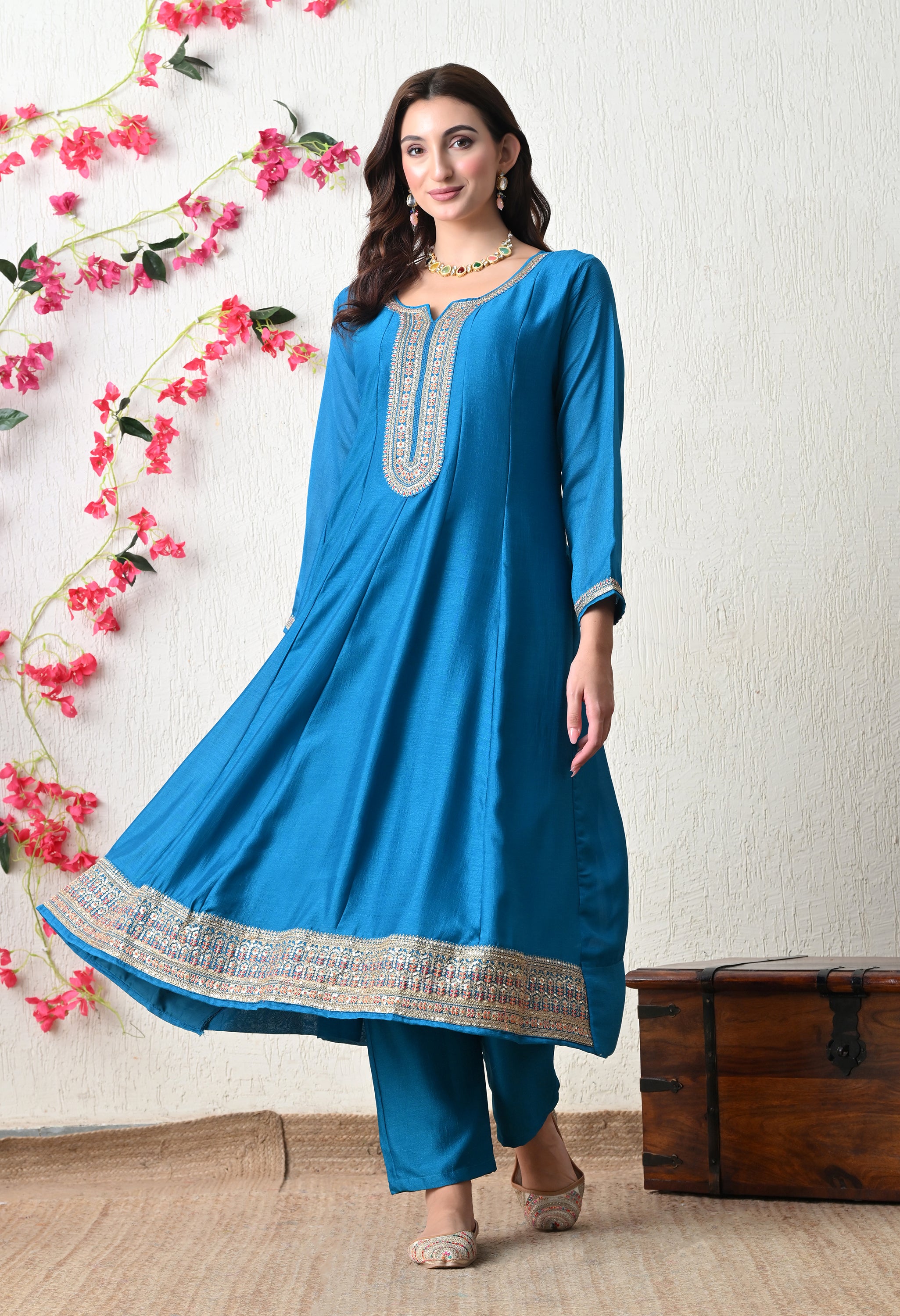 Royal Teal Embroidered Anarkali Suit Set
