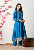 Royal Teal Embroidered Anarkali Suit Set