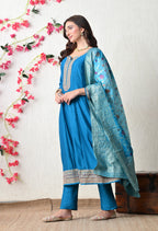 Royal Teal Embroidered Anarkali Suit Set