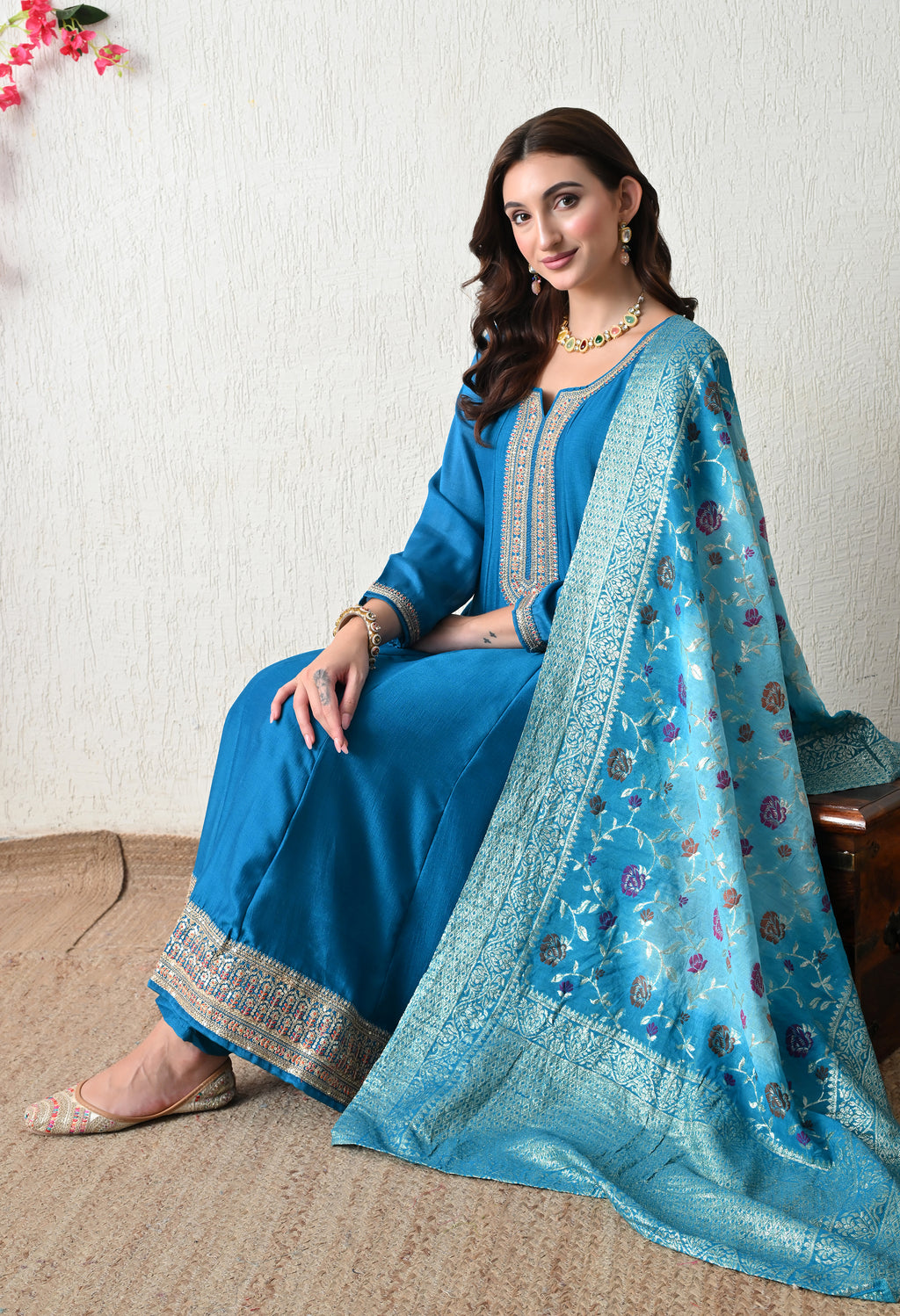 Royal Teal Embroidered Anarkali Suit Set