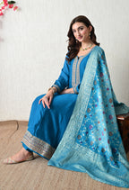 Royal Teal Embroidered Anarkali Suit Set