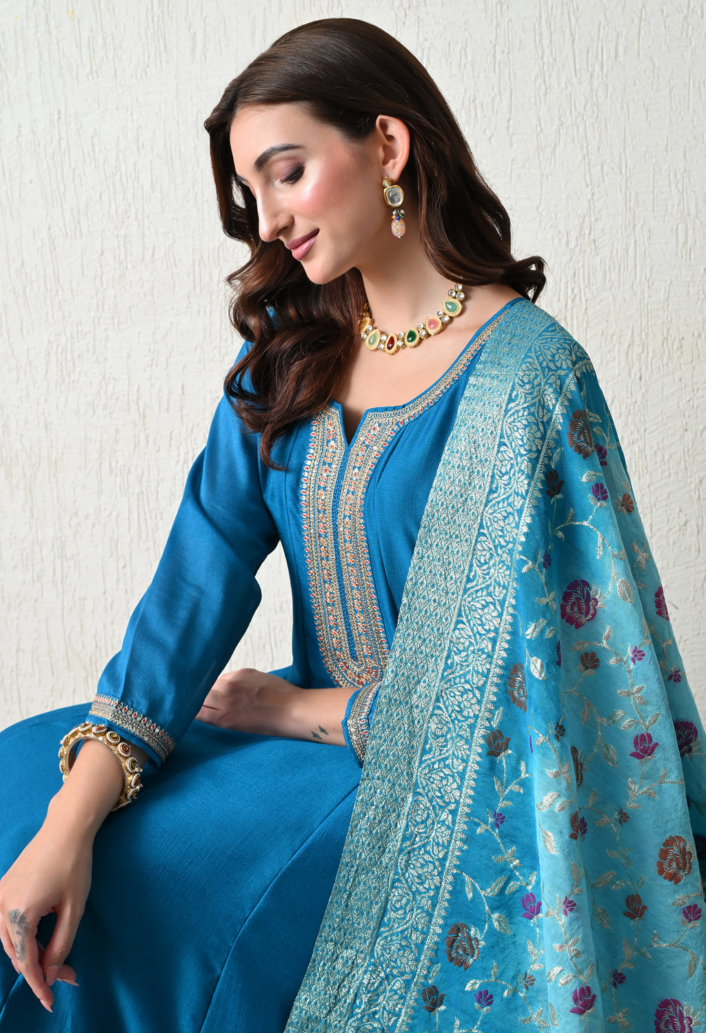 Royal Teal Embroidered Anarkali Suit Set