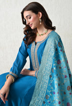 Royal Teal Embroidered Anarkali Suit Set