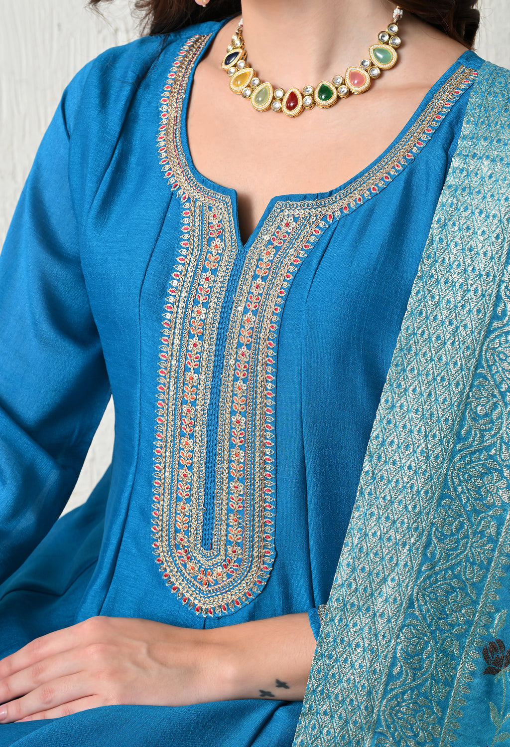 Royal Teal Embroidered Anarkali Suit Set