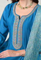 Royal Teal Embroidered Anarkali Suit Set