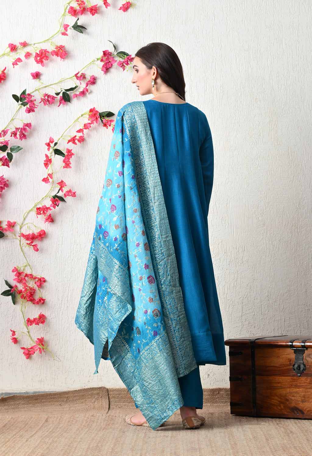 Royal Teal Embroidered Anarkali Suit Set