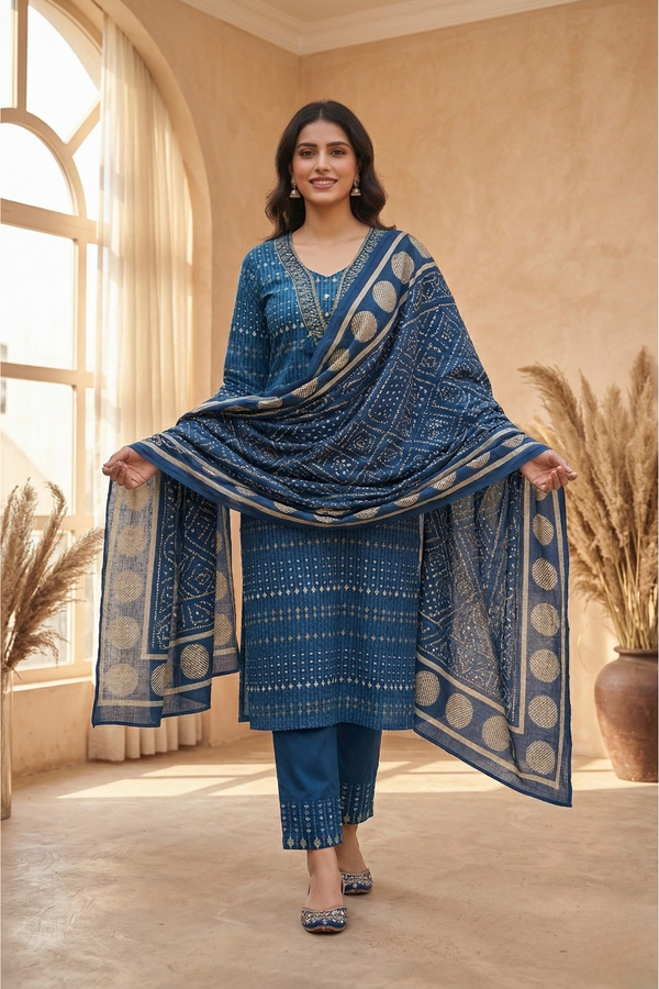 Elegant Prussian Blue Cotton Kurta Set