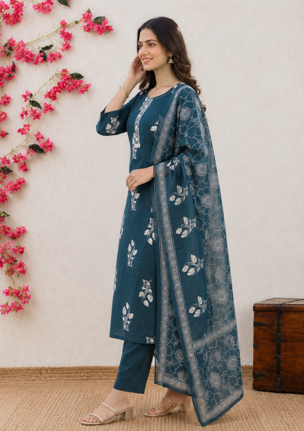 Elegant Teal Blue Floral Printed Kurta Set