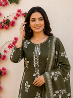Olive Green Floral Printed Straight Kurta Set