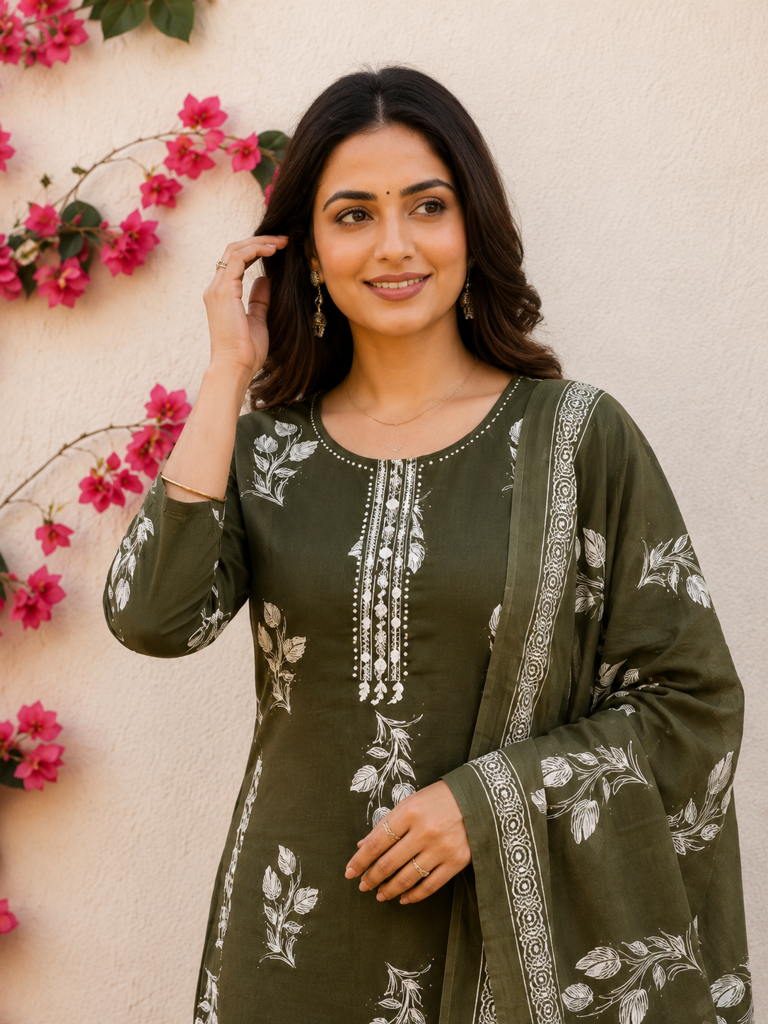Olive Green Floral Printed Straight Kurta Set