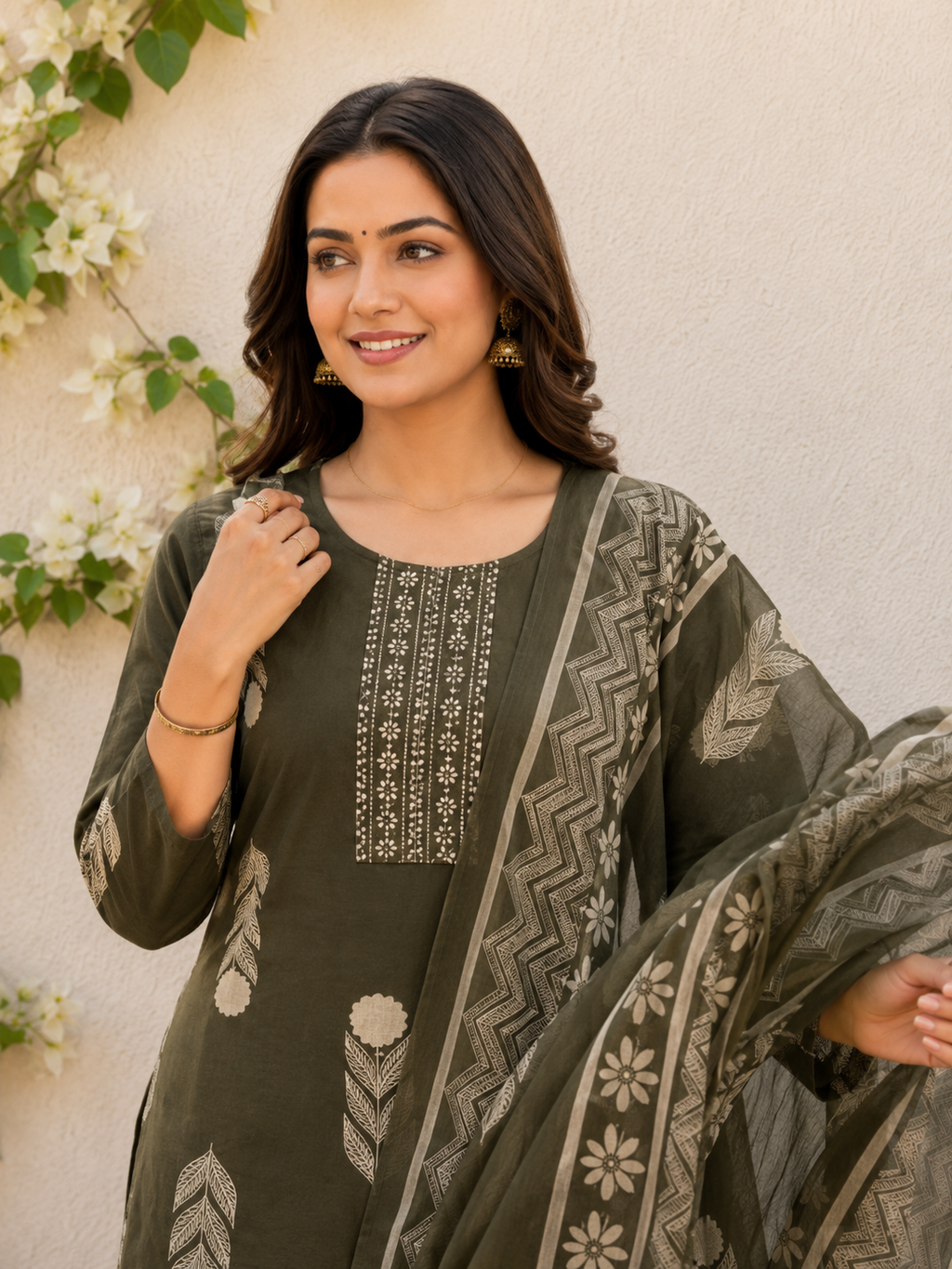 Olive Green Floral Leap flower Printed Straight Kurta Set