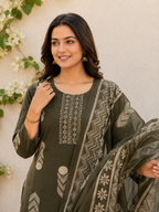 Olive Green Floral Leap flower Printed Straight Kurta Set