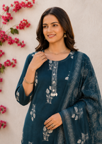 Elegant Teal Blue Floral Printed Kurta Set