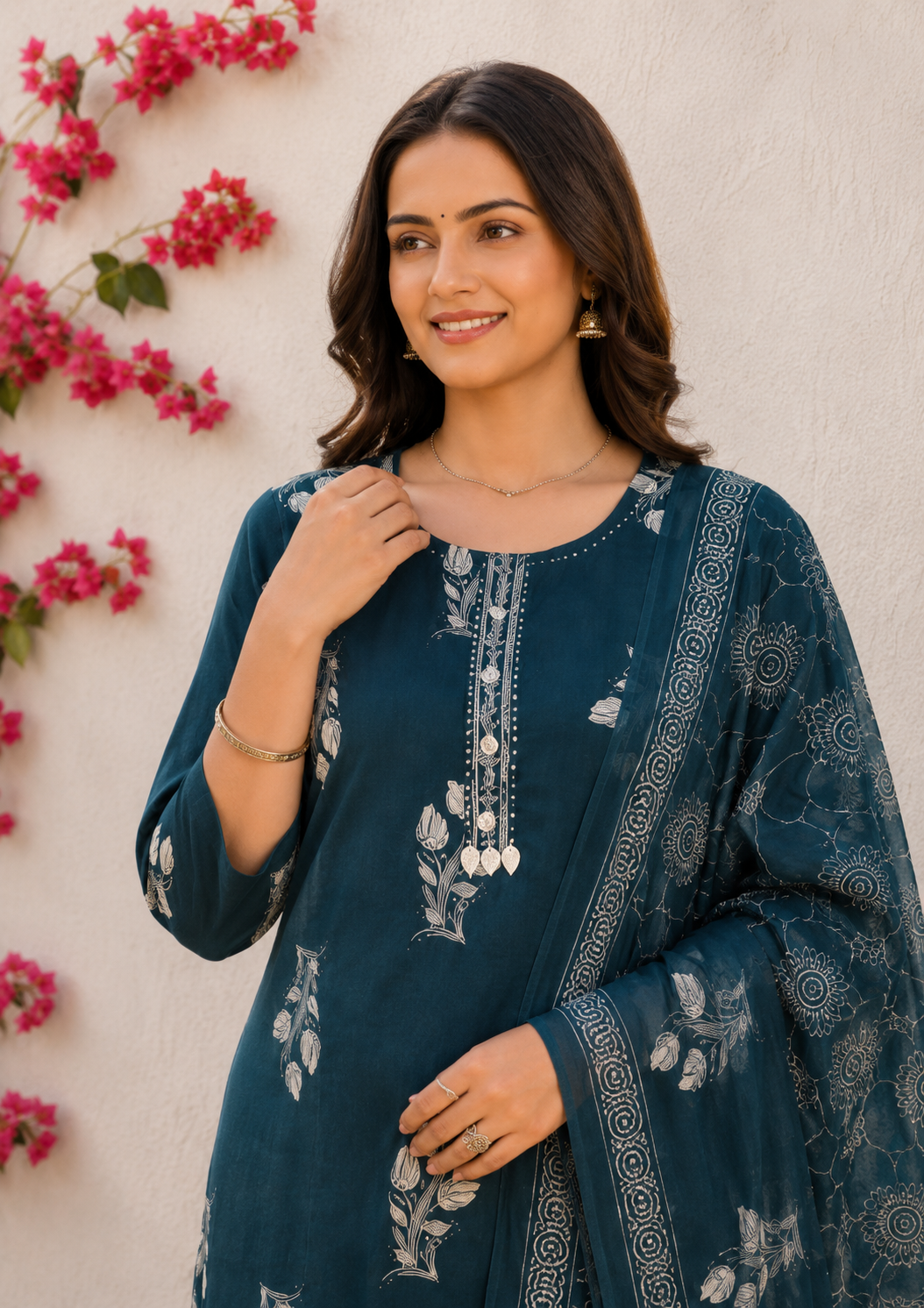 Elegant Teal Blue Floral Printed Kurta Set