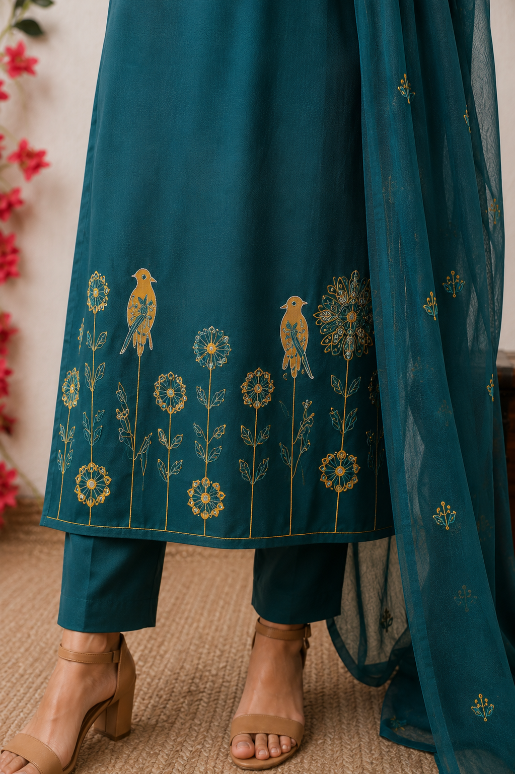 Teal Blue Embroidered Kurta Set with Dupatta