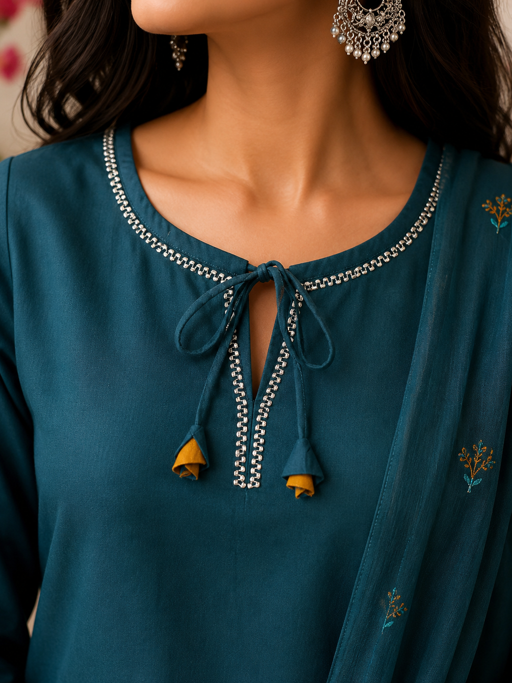Teal Blue Embroidered Kurta Set with Dupatta