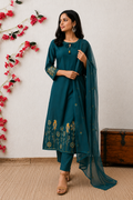Teal Blue Embroidered Kurta Set with Dupatta