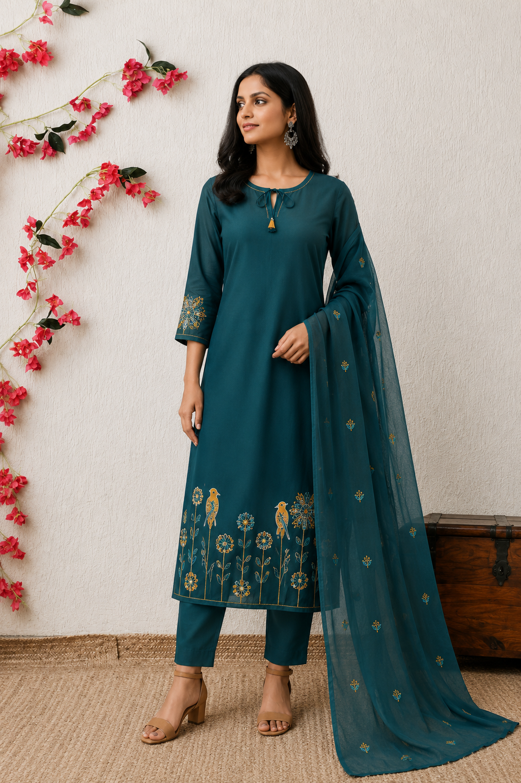 Teal Blue Embroidered Kurta Set with Dupatta