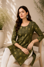 Olive Green Floral Printed Kurti